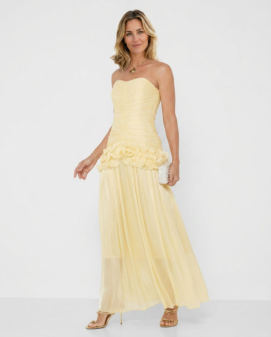 Edith | Strapless Pleated Ruffle Metallic Maxi Dress