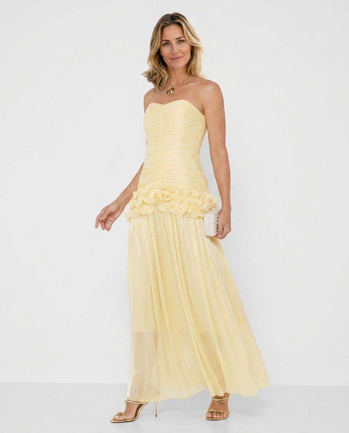 Edith | Strapless Pleated Ruffle Metallic Maxi Dress