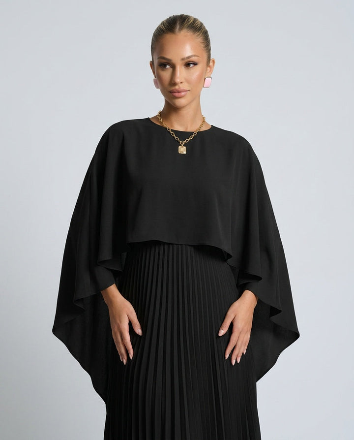 Oryna | Asymmetric Cape Overlay Pleated Maxi Dress