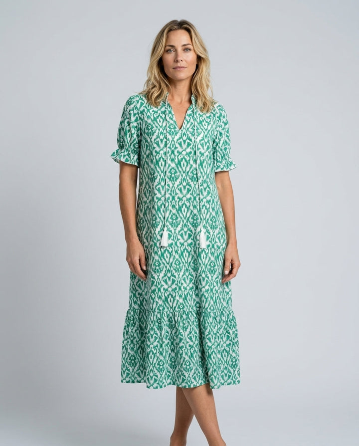 Mira | V-Neck Tassel-Strap Puff Sleeve Midi Dress