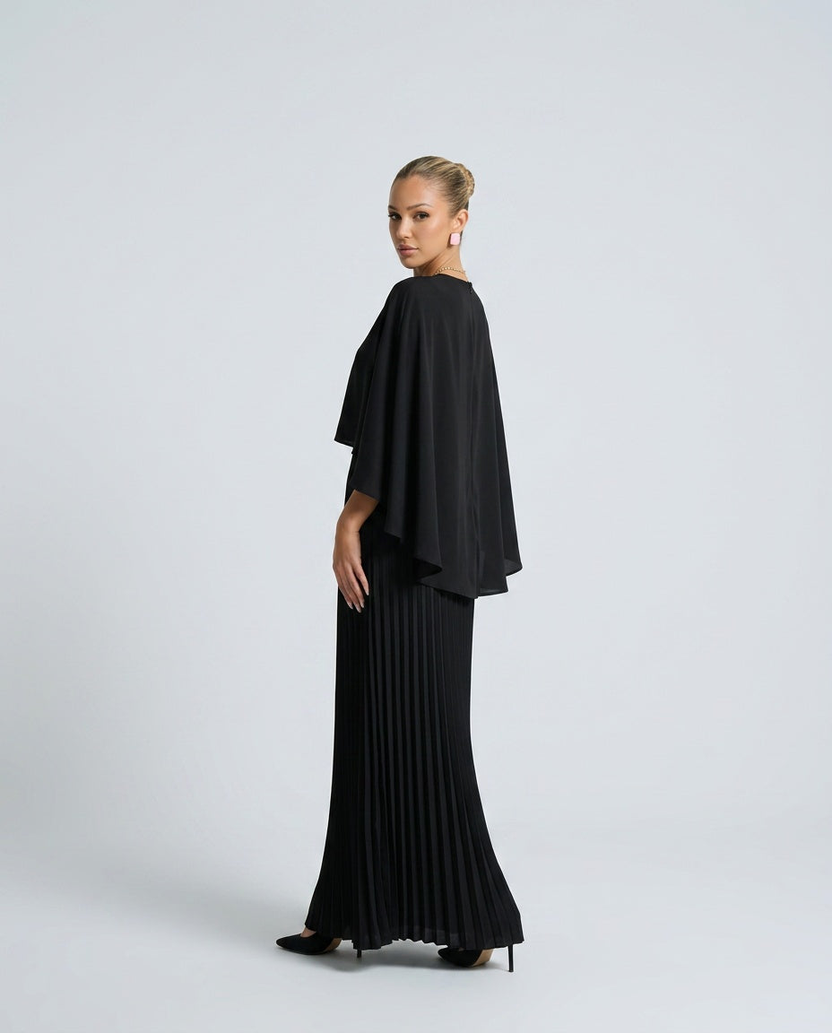 Oryna | Asymmetric Cape Overlay Pleated Maxi Dress