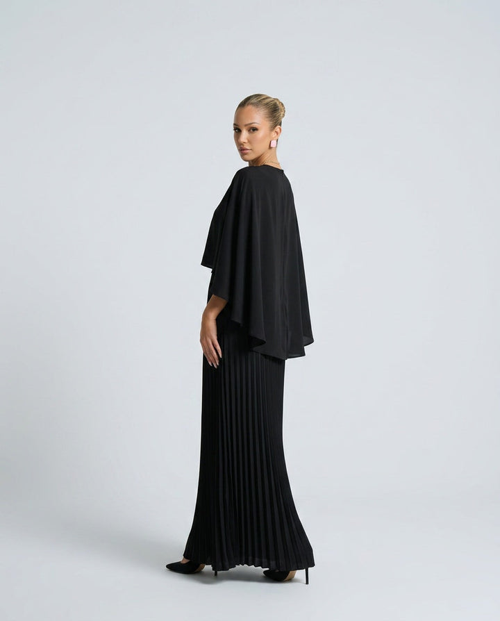 Oryna | Asymmetric Cape Overlay Pleated Maxi Dress