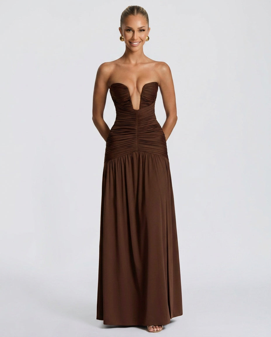 Maeve | Gathered Side Slit Maxi Dress