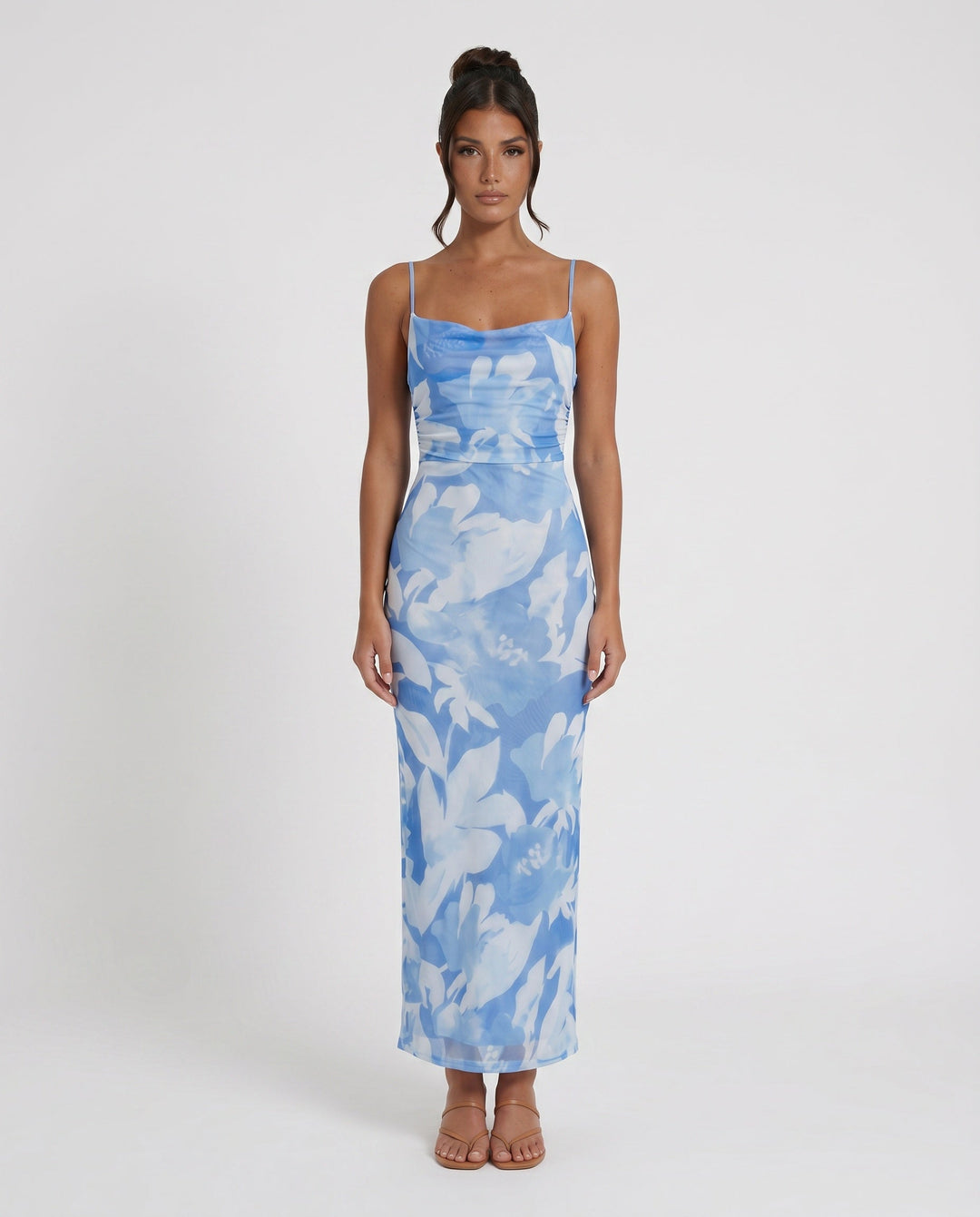 Leona | Spaghetti Strap Lace-Up Abstract Print Maxi Dress
